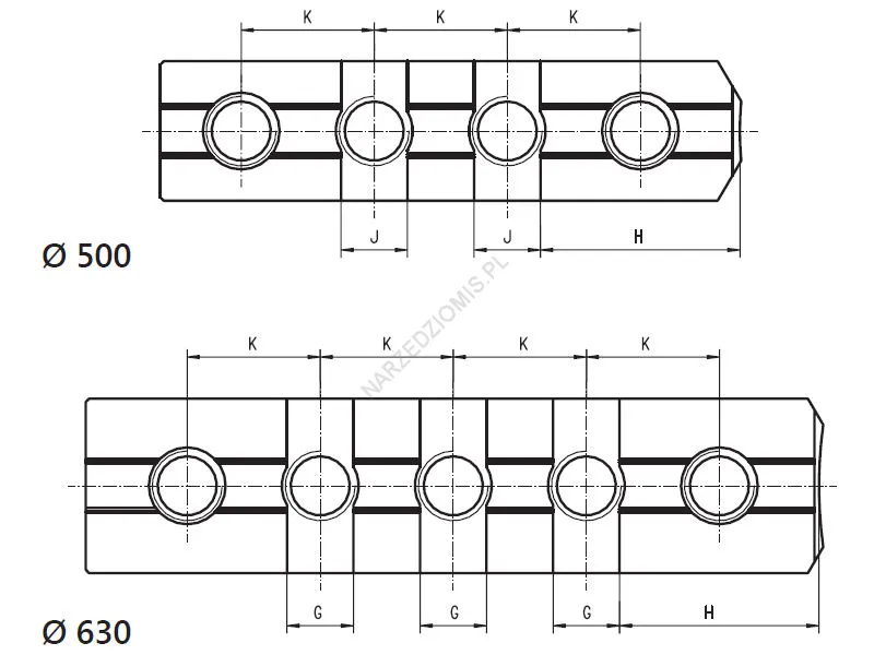Rysunek techniczny: Szczęki SP 630 podstawowe z podw. prowadnicami KPL 4 szt do: 3602,3603 - BISON-BIAL